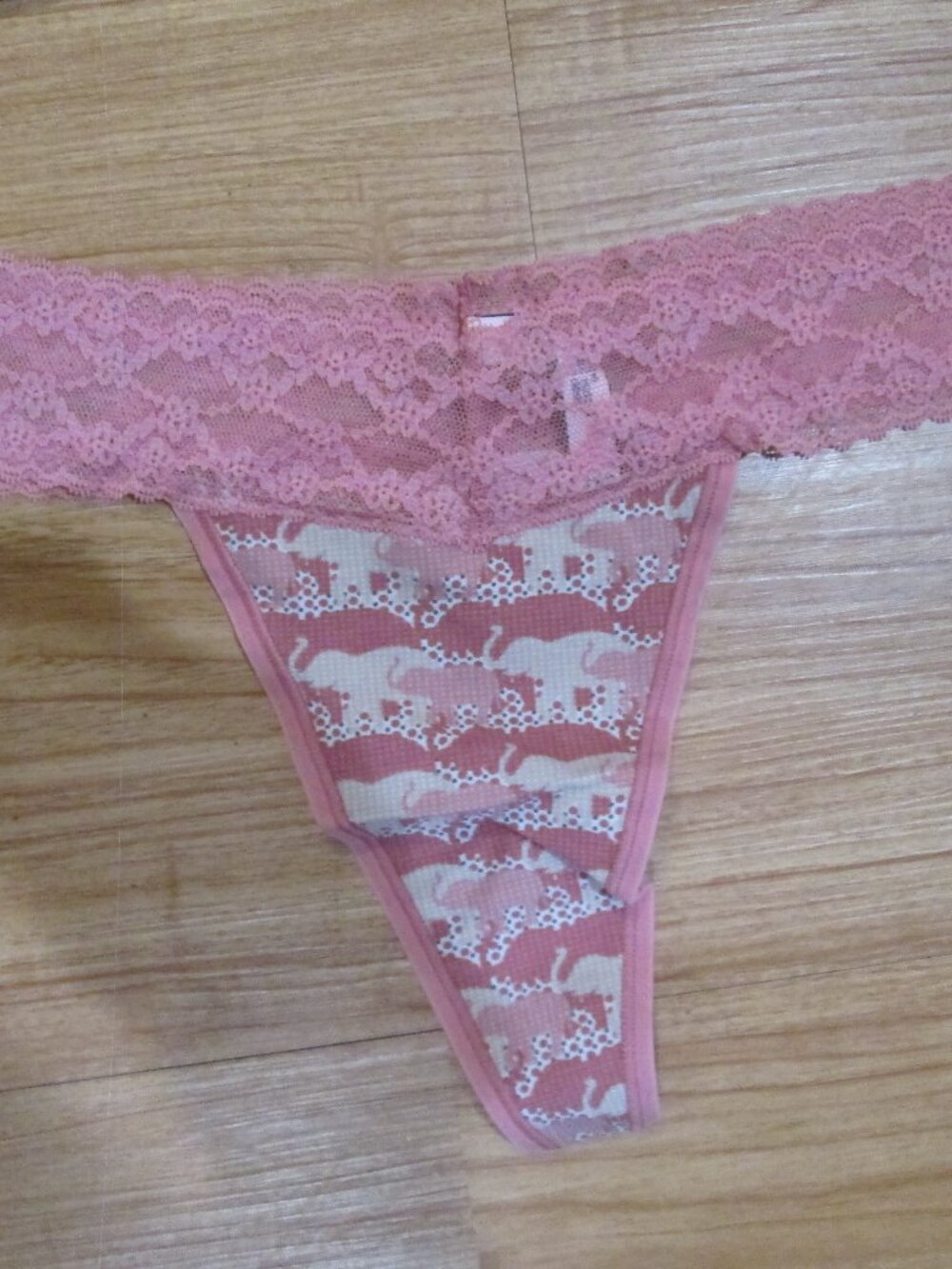 Victoria Secret size large thong panties pink lace  w/elephants on them. BN